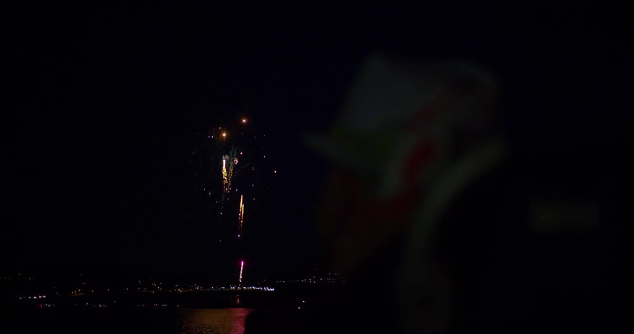 Fireworks exploding in the night sky over a body of water