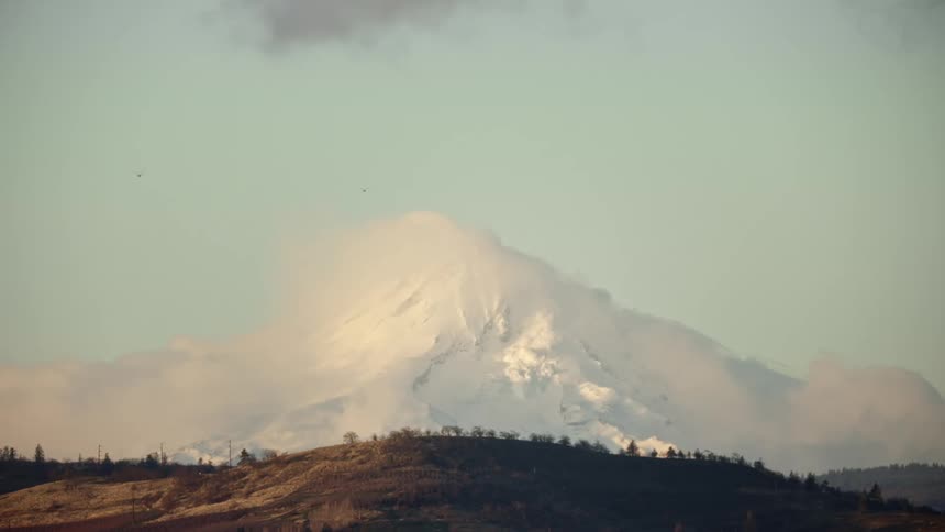 Birds fly off to the left with a mountain in the distance where an avalanche falls down the side at daytime