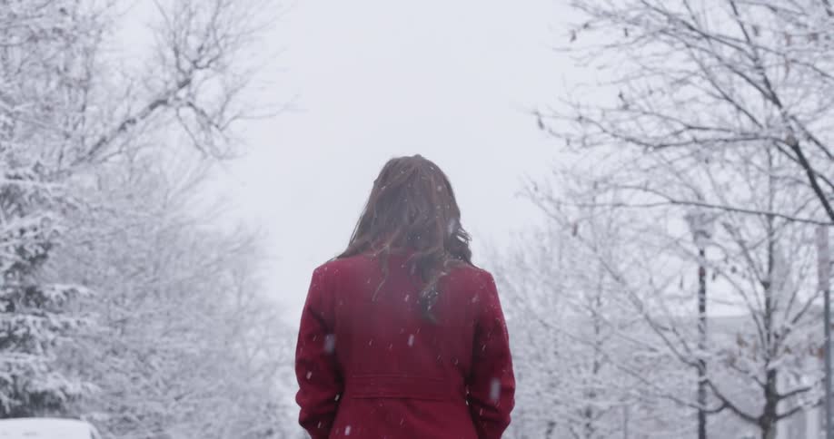 A woman facing away from the camera stands with hands in pocket as snow falls