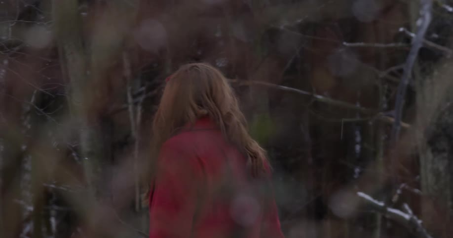 A woman in a red coat walks in a grove of trees and twirls around to look at them