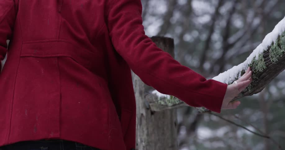 A woman wearing a red coat walks by a fence