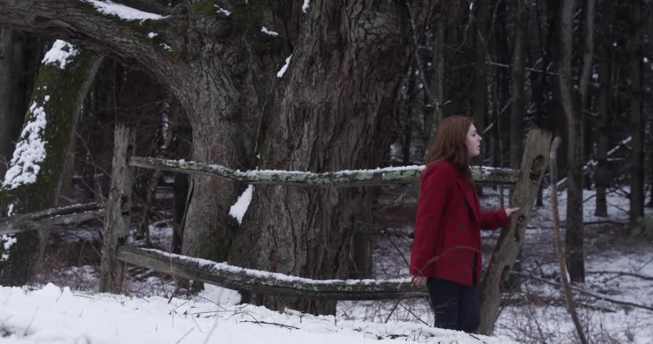 A woman wearing a red coat walks past a wooden fence