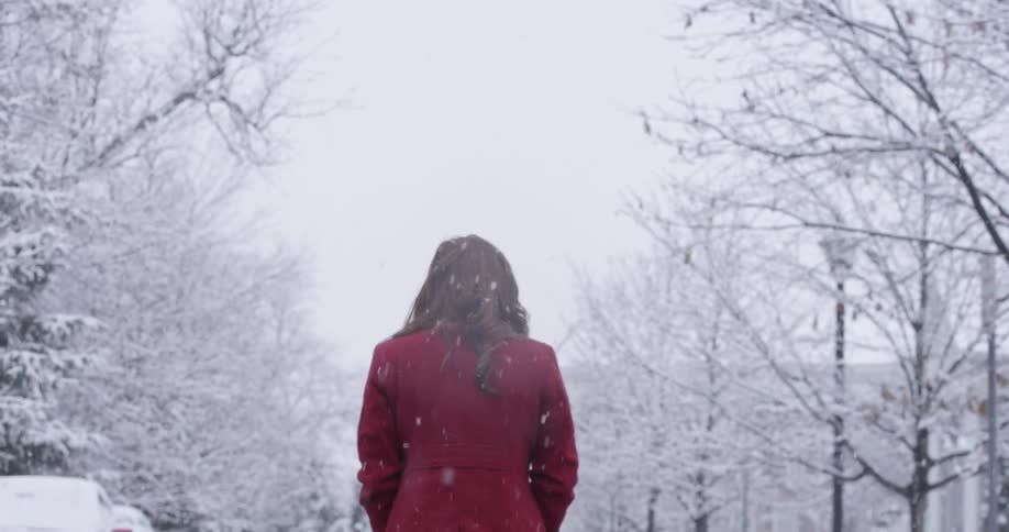 A woman wearing a red coat walks down a street lined snow-covered trees while it is snowing