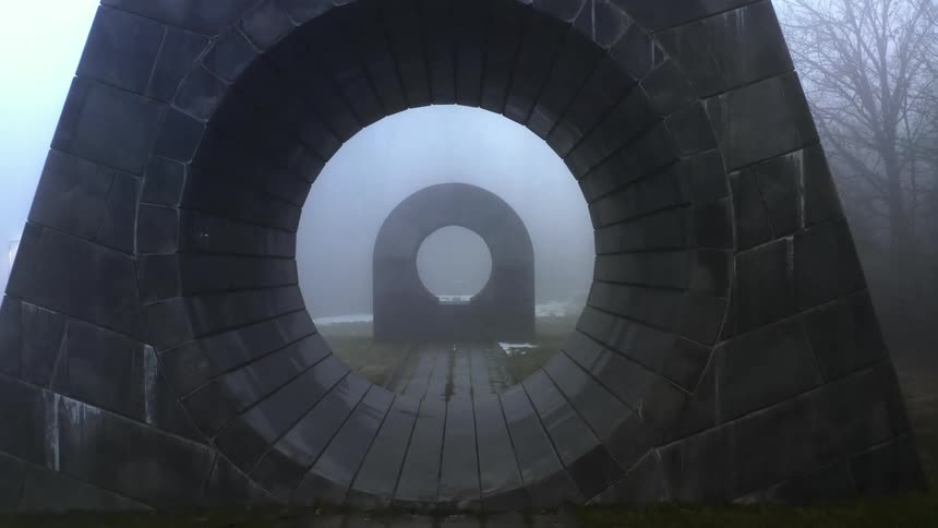 Geometric hollow concrete sculptures in a fog covered park
