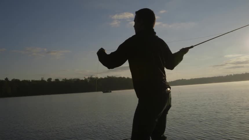 A man is fly fishing in a lake