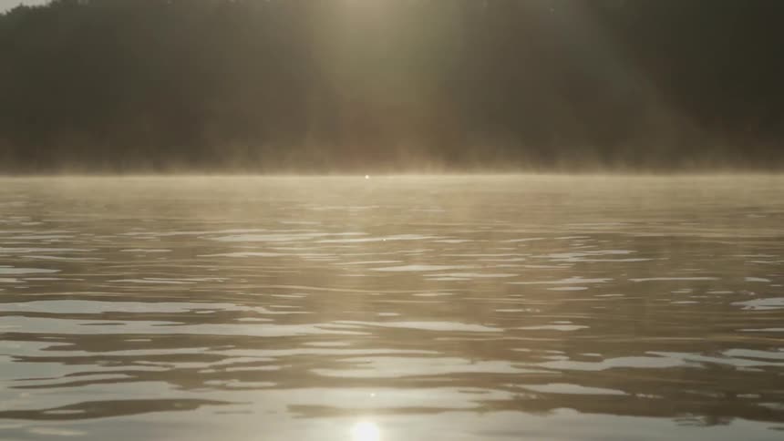 Mist hovers on the surface of a lake at dawn