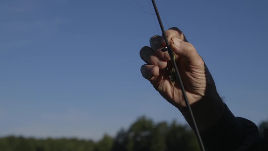 A fishing lure is attached to a rod and line