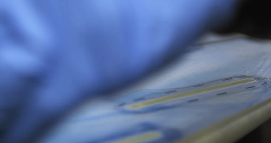 A hand wearing a blue latex glove stroking a paintbrush with a clear coat on a blue and white board