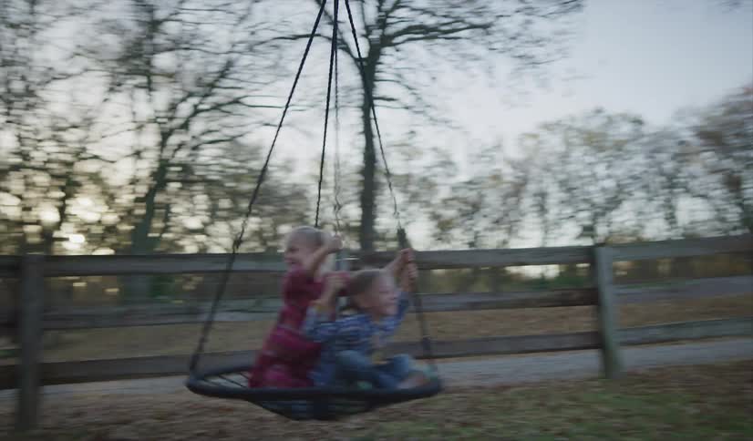 Father pushing their daughters on a swing hanging from a tree in a farm