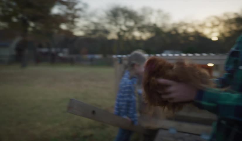 A brother and sister show off their chickens in a chicken coop at their farm