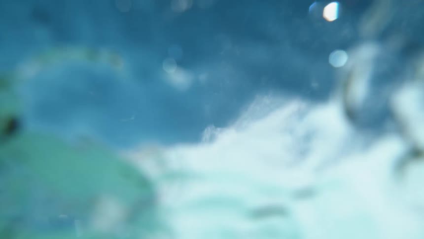 Underwater view of bubbles and sunlight shining in the blue water