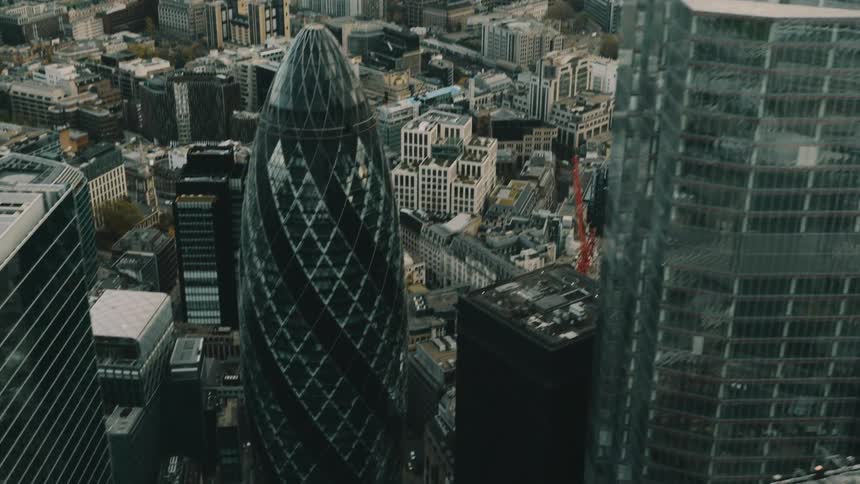 Aerial view 30 St Mary Axe 'The Gherkin' London skyscraper