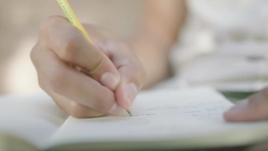 A person with a pencil writing in a book