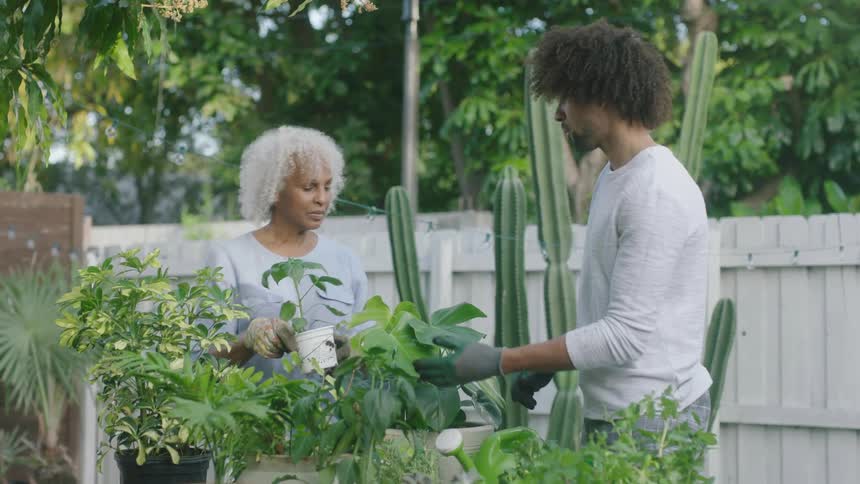 Grandson helping elderly grandmother with potted plants on the garden in the yard