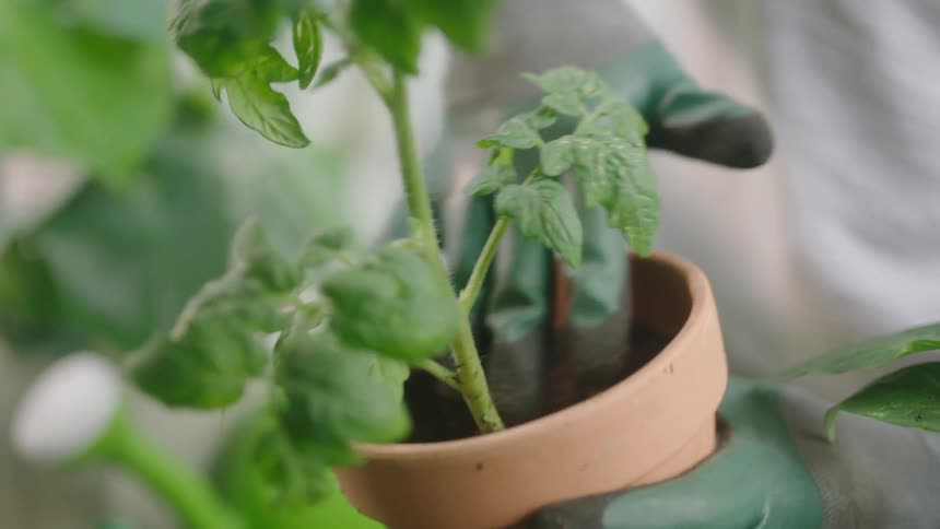 Person wearing gloves parts soil down in pot containing tomato plant