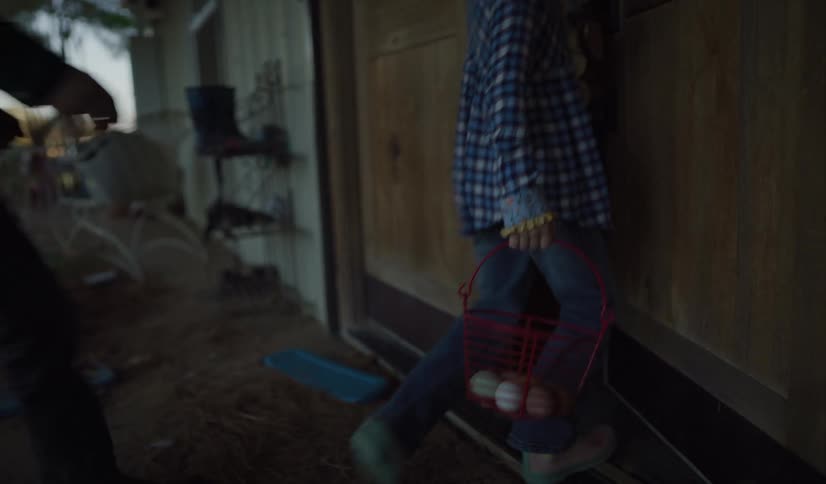 Girl carries a basket with eggs into the house