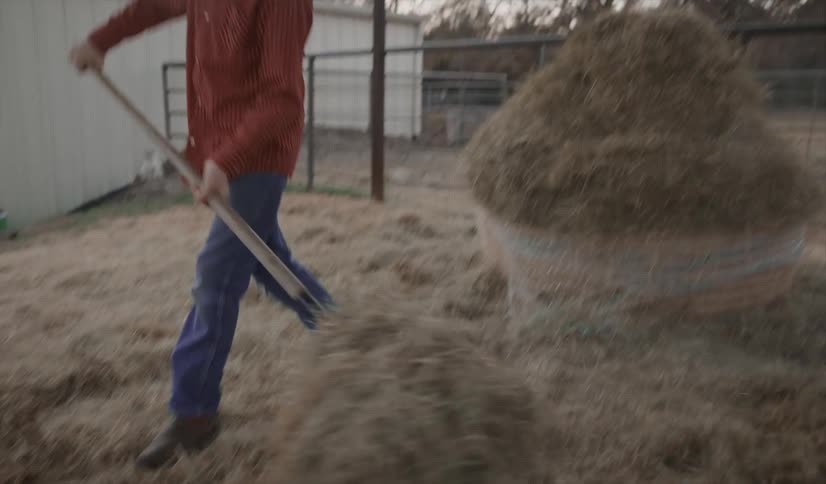 A young boy shovels hay on a farm