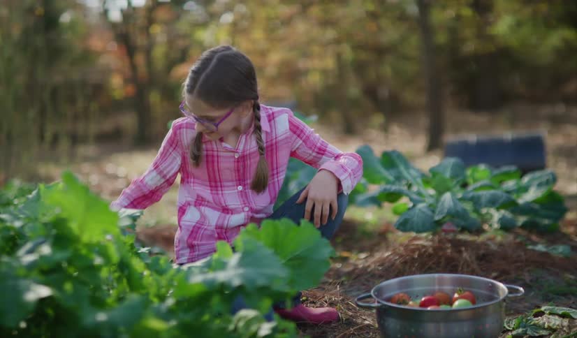 A girl with glasses picking vegetables in a garden with trees the sky and clouds in the background