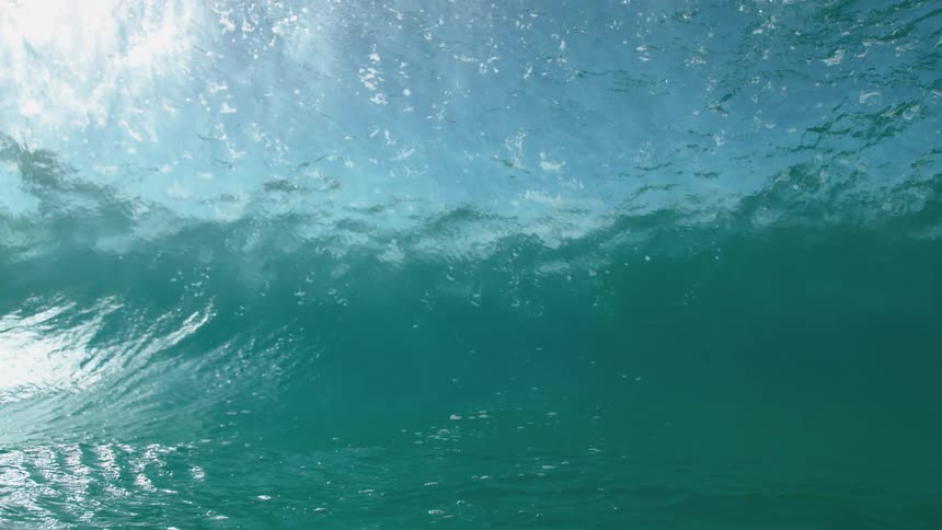 Big blue wave splashes and rolls overhead as the water sparkles in the sun