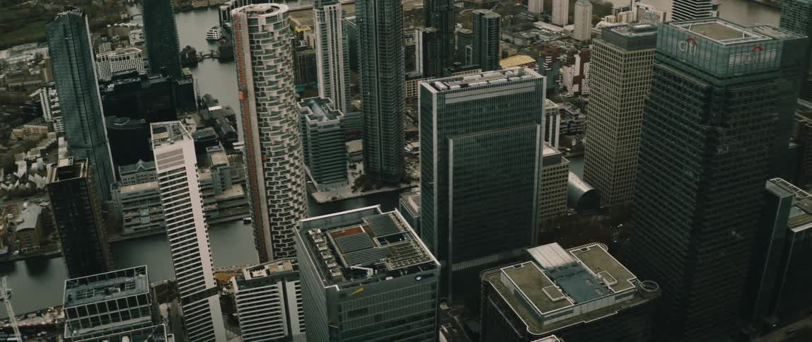 Aerial view of Canary Wharf skyscrapers London