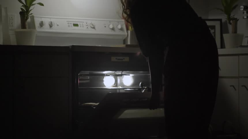 A woman opens an oven and puts a pan in