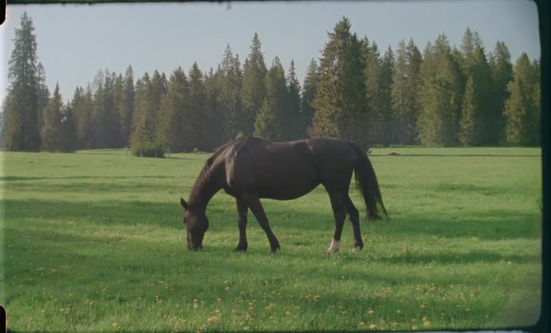 A horse grazing on the green grass of a field near a pine tree forest