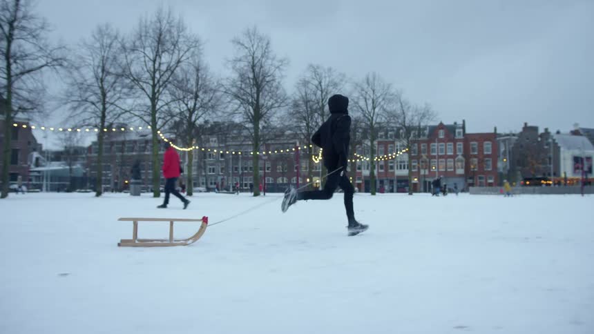 A person pulling a sled runs through a snowy park past people and dogs walking and playing
