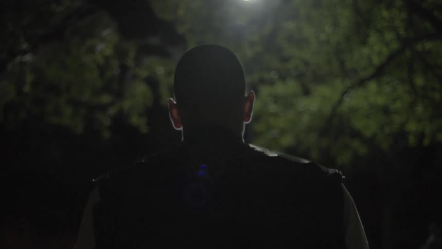 A man walking under trees at night