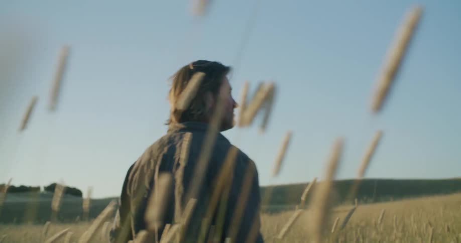 A man walking in a grassy field with trees the sky and clouds in the background