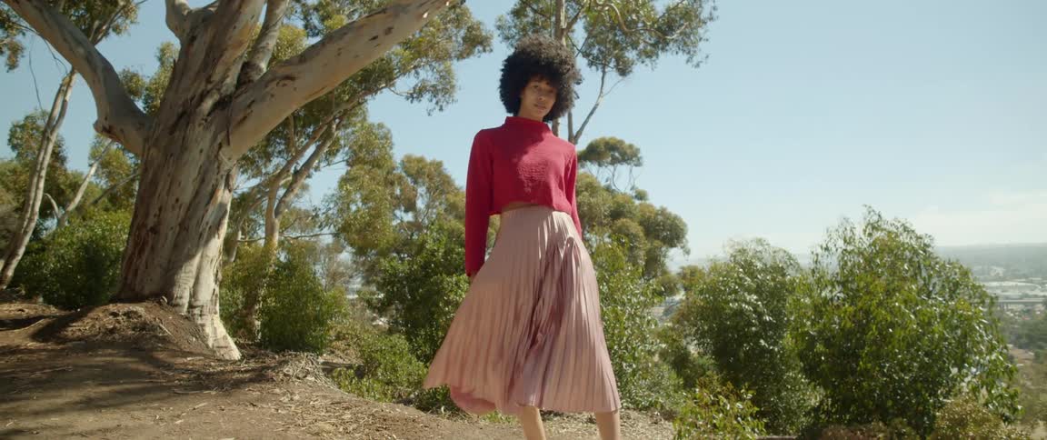 Young woman gets her long pink skirt blown by the wind in the mountain top