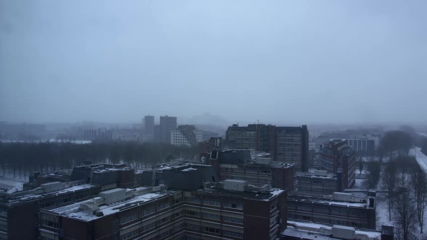 Aerial view of the skyline of a snow covered city