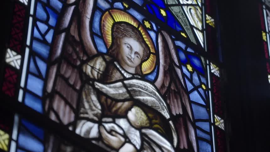 A stained glass window in a church