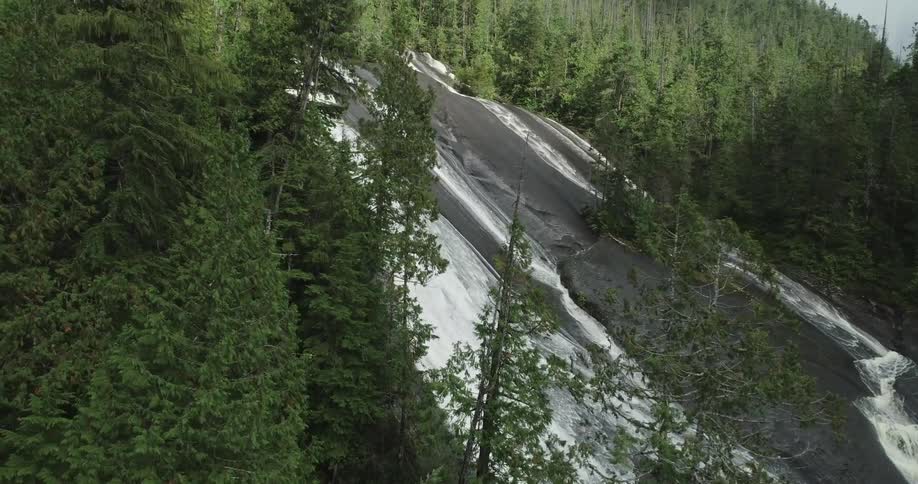 A waterfall flowing on a gentle slope surrounded by a pine tree forest in the mountain