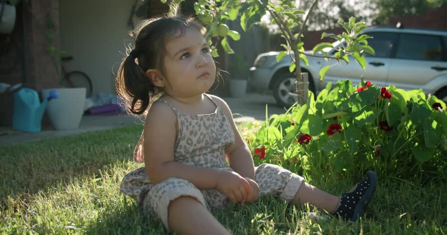 A toddler sits on the grass outside a home