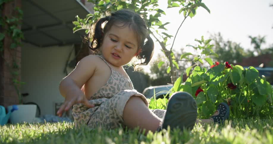 Small girl sitting in the grass on the porch near a plant at morning