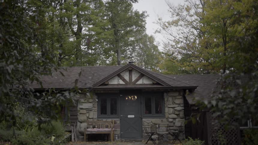 A stone and wood cabin sits among trees that are blown by the wind