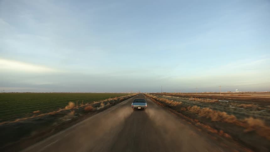 A car is driving in a rural area in spring