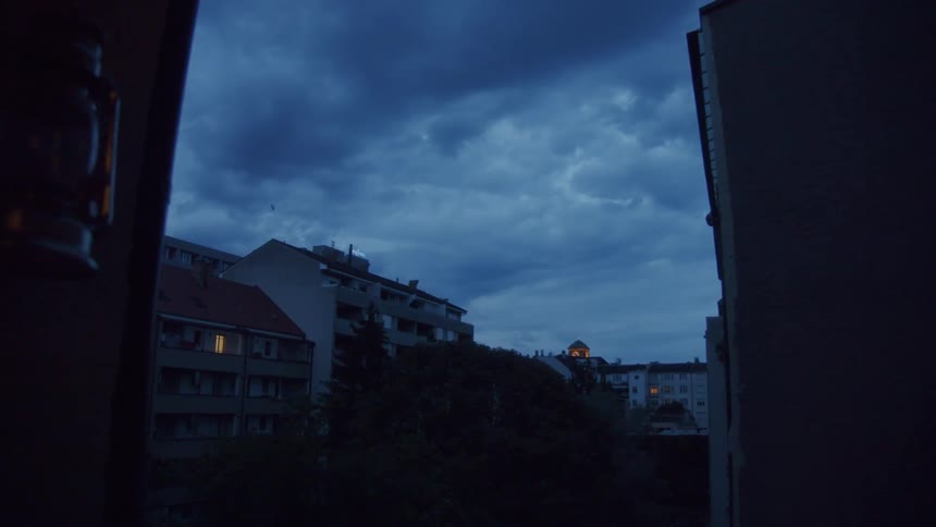 A black bird flies over a neighborhood at dusk