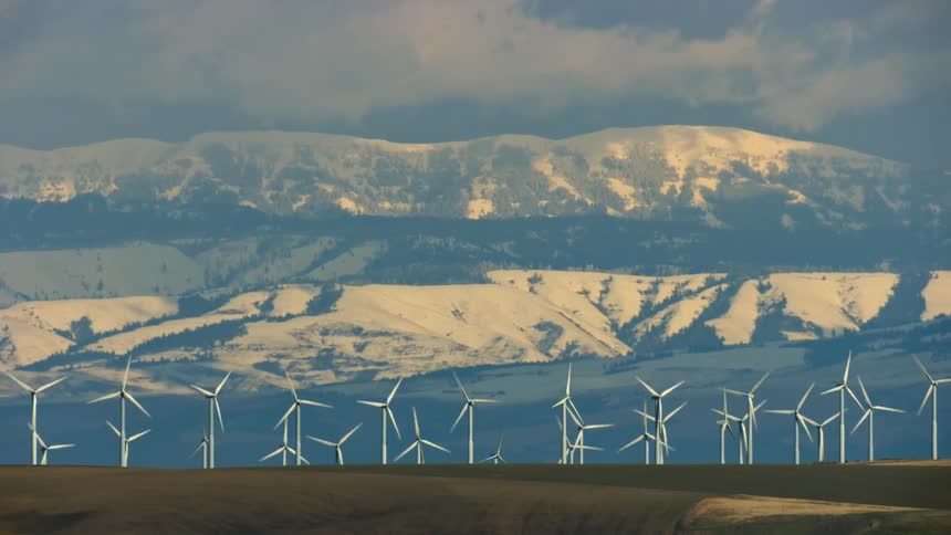 Hundreds of wind turbines rotates with vigor on a ridge with snow capped mountains in the background in this renewable energy aerial shot