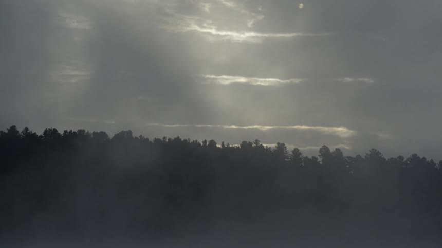 Sunlight peeking through heavy clouds over a forest