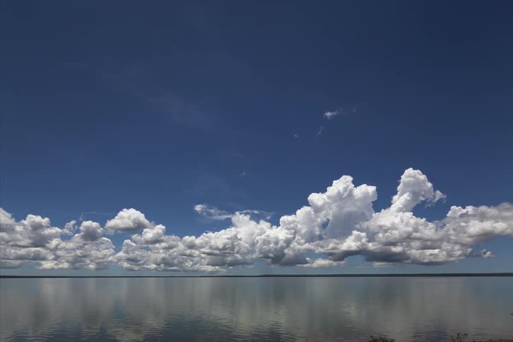 Timelapse of white clouds forming and passing over the surface of a lake