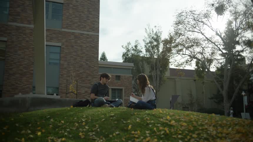 Male and female sitting on grass talking