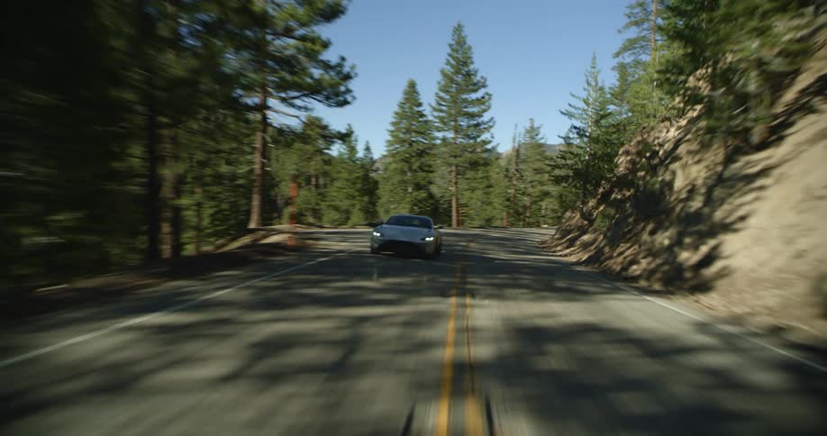 A silver sports car driving on a roadway next to a mountain side surrounded by fir and pine trees at daytime
