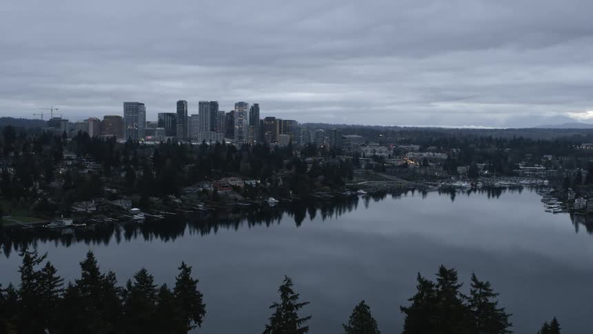 Traverse toward downtown Bellevue as the silhouette of tall trees reveal Meydenbauer Bay