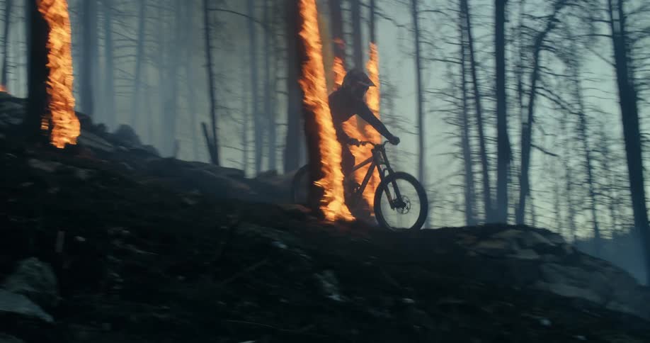 A bike rider riding down through trees engulfed in flames in the woods