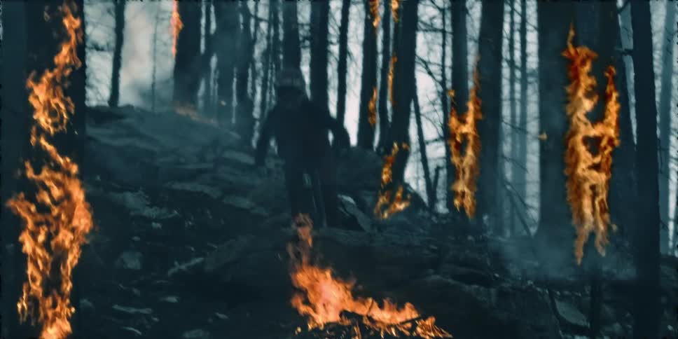 A man races his bike through a forest fire