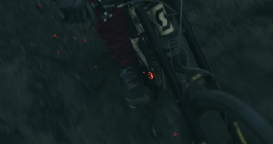 Mountain biker gets hot coal stuck on bike.
