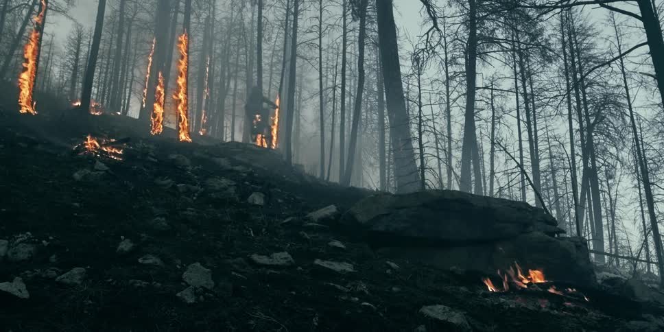 A person riding a mountain bike through a forest fire