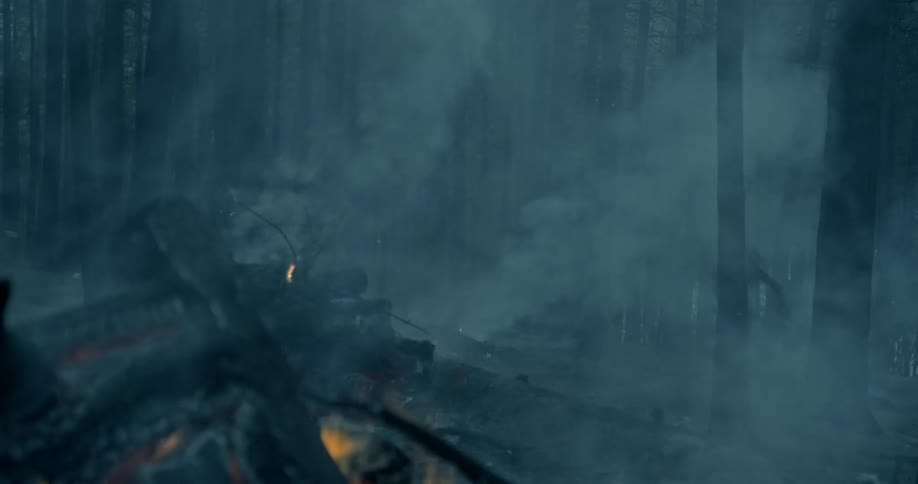 A person riding a bike in the forest and jumping over fire and smoke