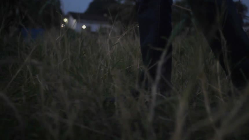 Person walks through overgrown field with houses with their lights on in the background